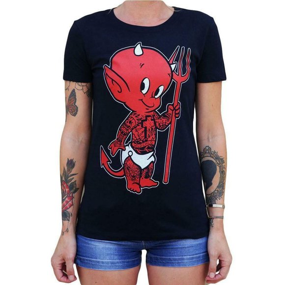 Lowbrow Art Women's Tattooed Red Baby Lil Devil Black Tee
