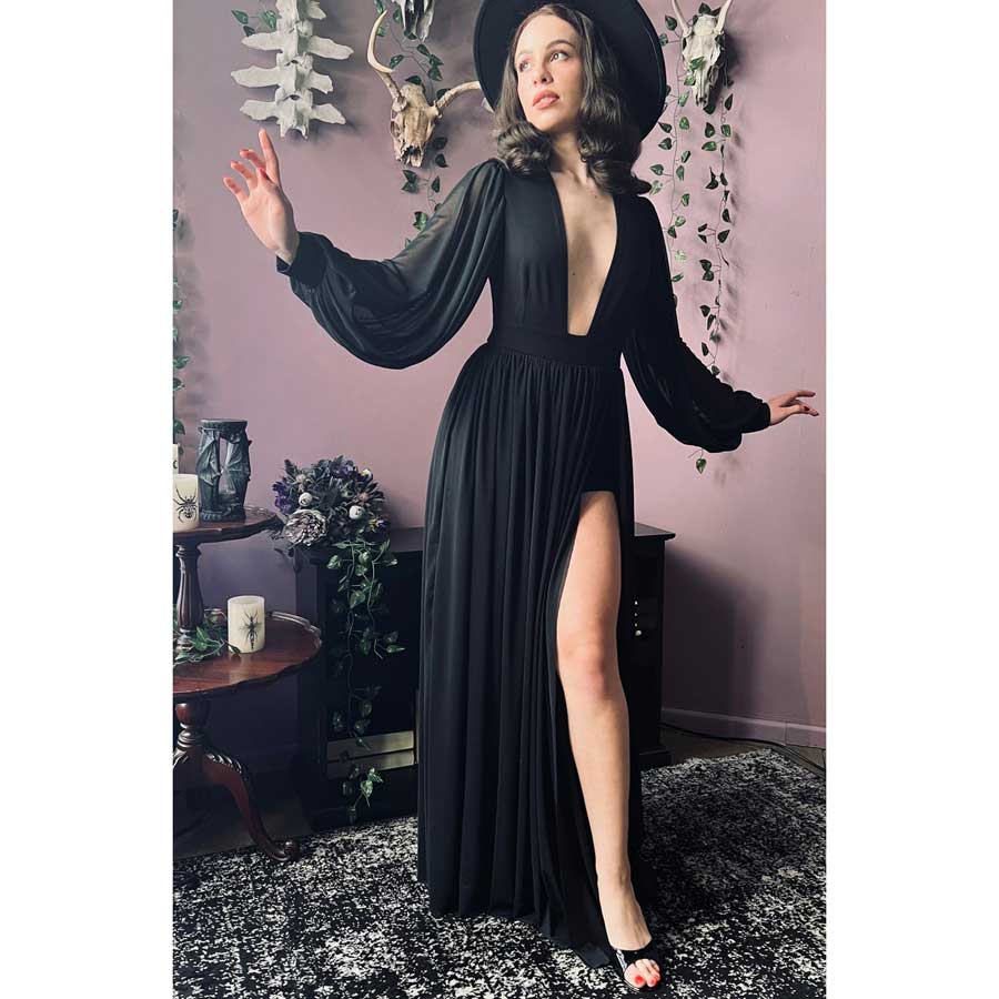 Witchwood Minerva Mesh Maxi Plunge Dress Built In Shorts