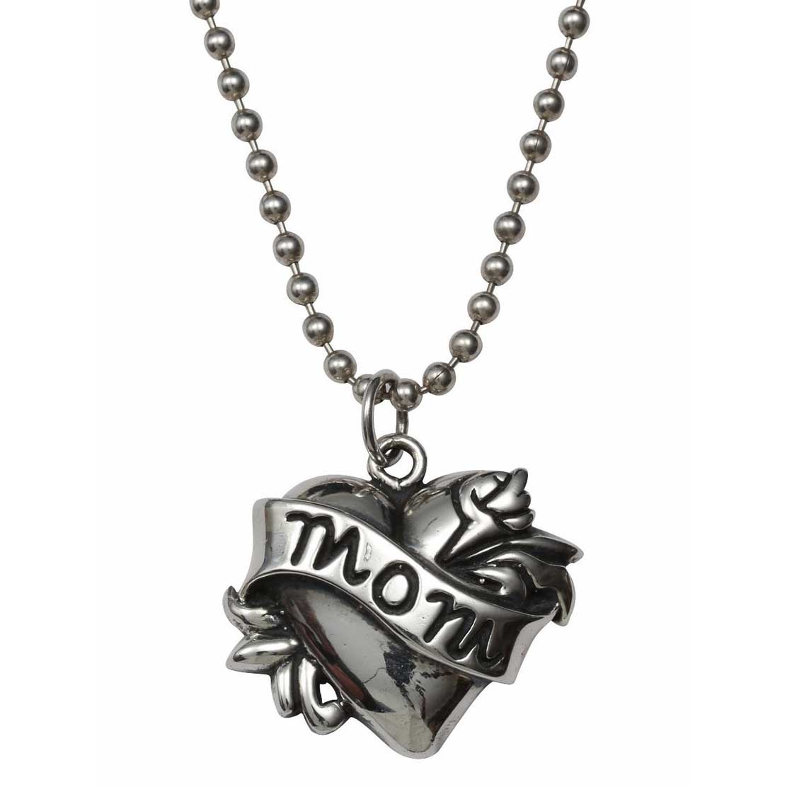Silver 'Mom' heart-shaped pendant on a chain against a white background