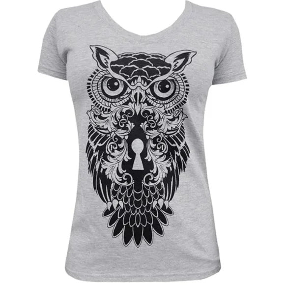 Black Market Art Night Watch Tattoo Owl Keyhole Gray Tee S-XXL