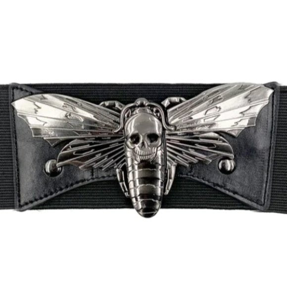 Kreepsville 666 Silver Death Moth Buckle Black Elastic Waist Belt
