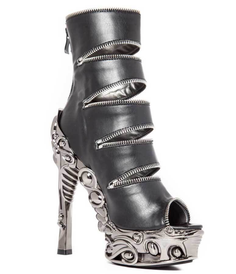 Hades LAWSON Black Vegan Zippers Ankle Boot 6" Chrome Heel Zip 6-11