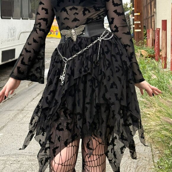 Kreepsville 666 Black Bat Repeat Mesh Tiered Midi Skirt