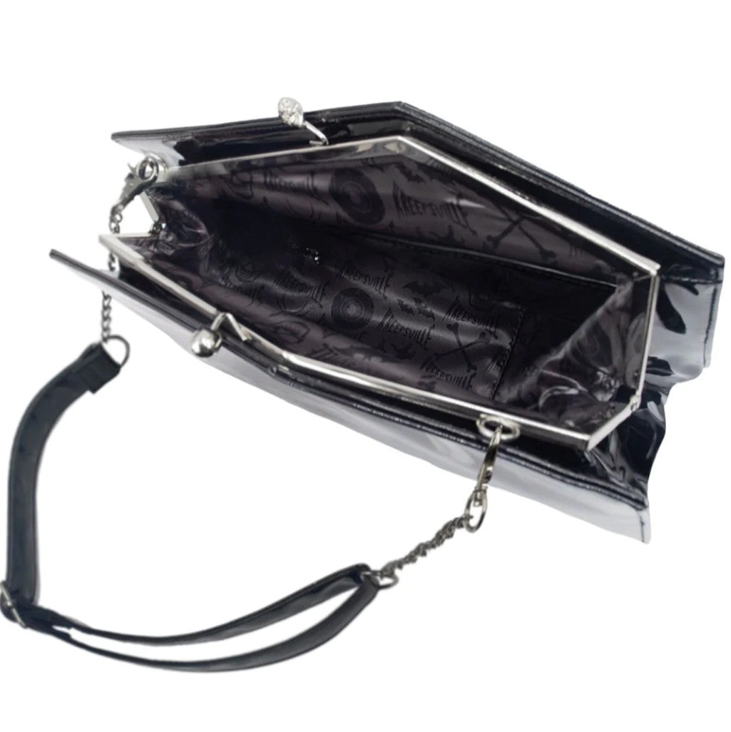 Kreepsville 666 Black Shiny Patent Skull Kisslock Coffin Purse