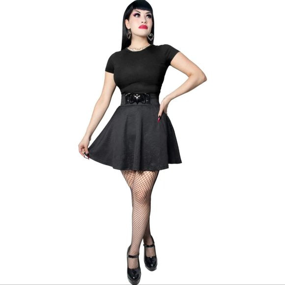 Kreepsville 666 Death Repeat Black Embossed Skater Skirt
