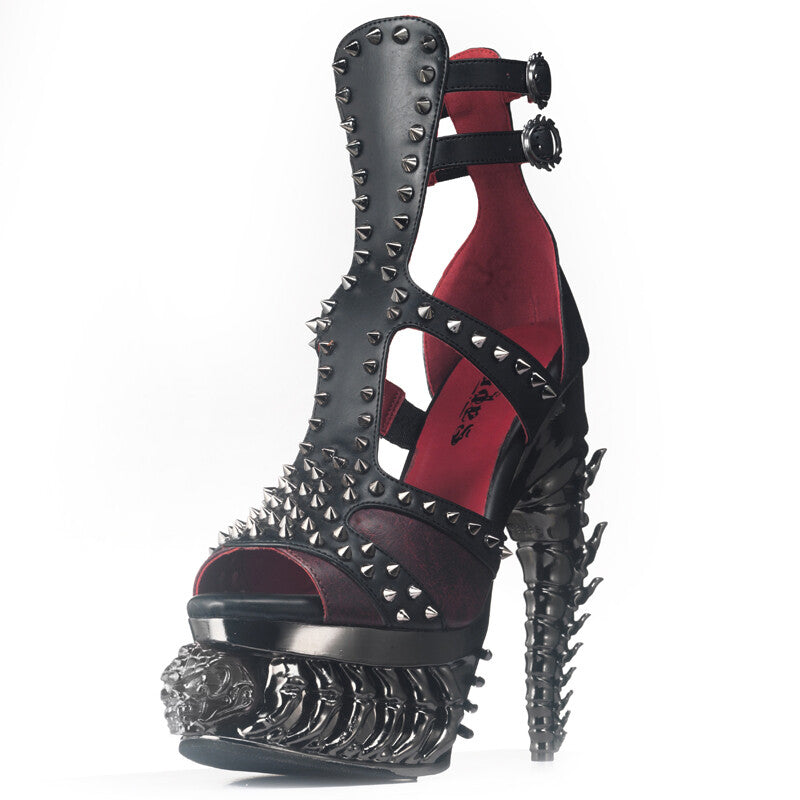 Hades ARKHANE Black Burgundy Stud Sandal 5" Metallic Skeleton Heel 6-12