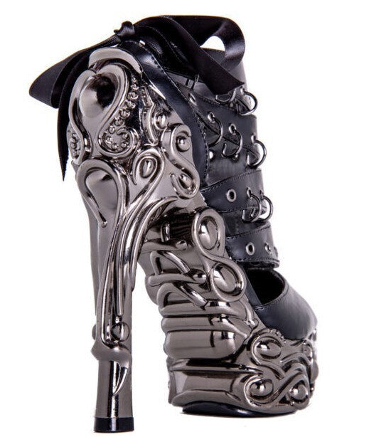 Hades KATO Black Peekaboo Booties 6" High Ornate Chrome Heels 6-11