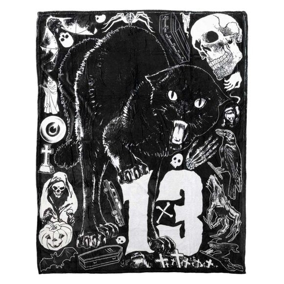 Kreepsville 666 Black Cat 13 Skulls Plush Throw Blanket