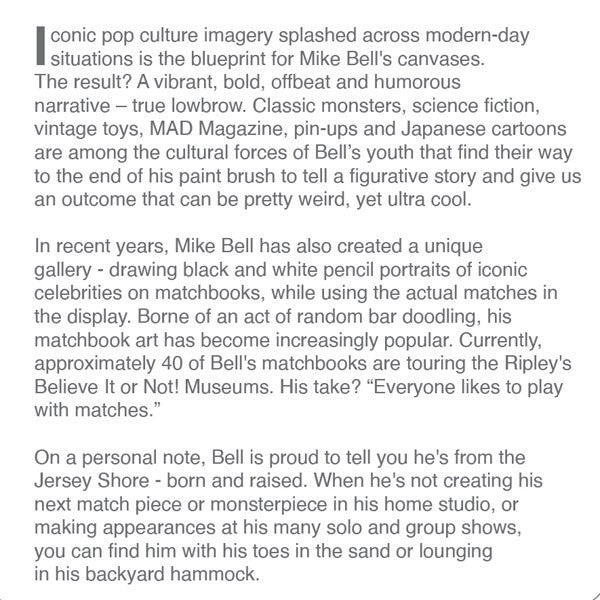 Text describing Mike Bell's artistic style and work, featuring a white background with black text.