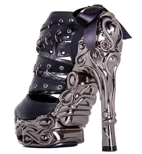 Hades KATO Black Peekaboo Booties 6" High Ornate Chrome Heels 6-11