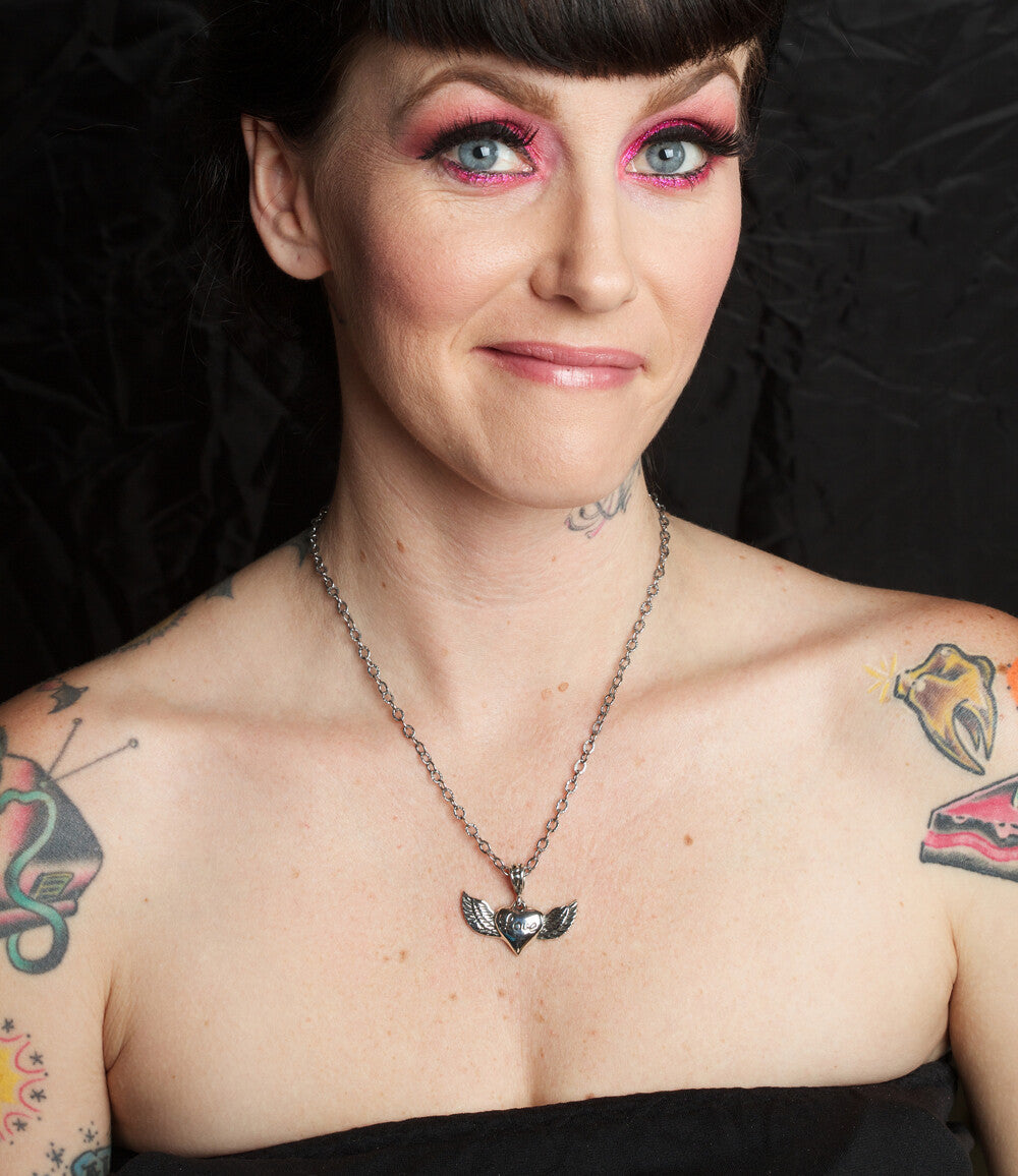 Femme Metale Lovely Wings Heart Fine Sterling Silver 1.5" Pendant