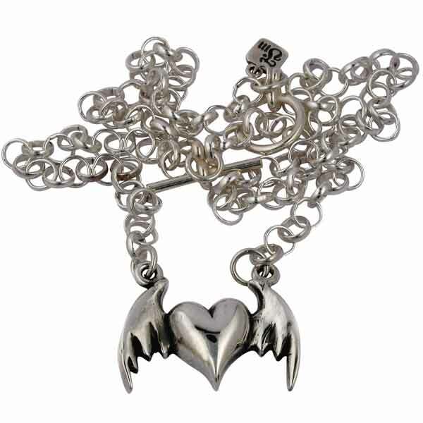 Silver necklace with bat-shaped pendant on a white background