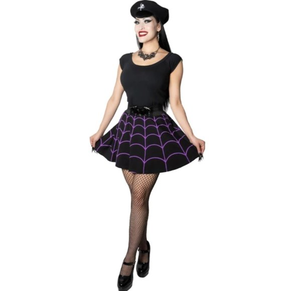 Kreepsville 666 Black Purple Spiderweb Skater Skirt