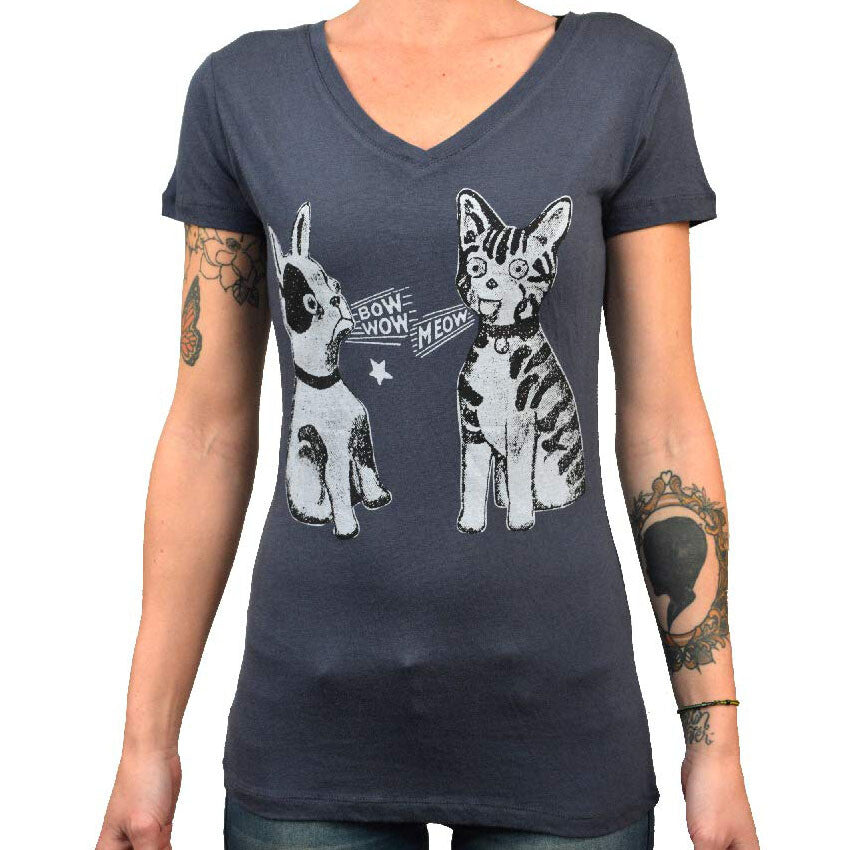 Lowbrow Art Bow Wow Meow Dog Cat Blue Tee