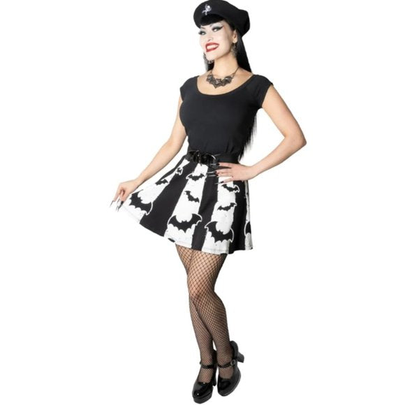 Kreepsville 666 Bat Black & White Striped Skater Mini Skirt