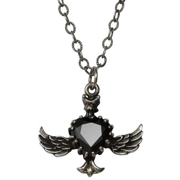 Silver necklace with black gem and wings.