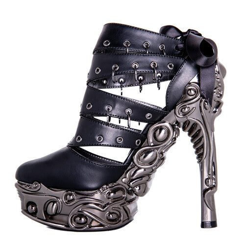Hades KATO Black Peekaboo Booties 6" High Ornate Chrome Heels 6-11