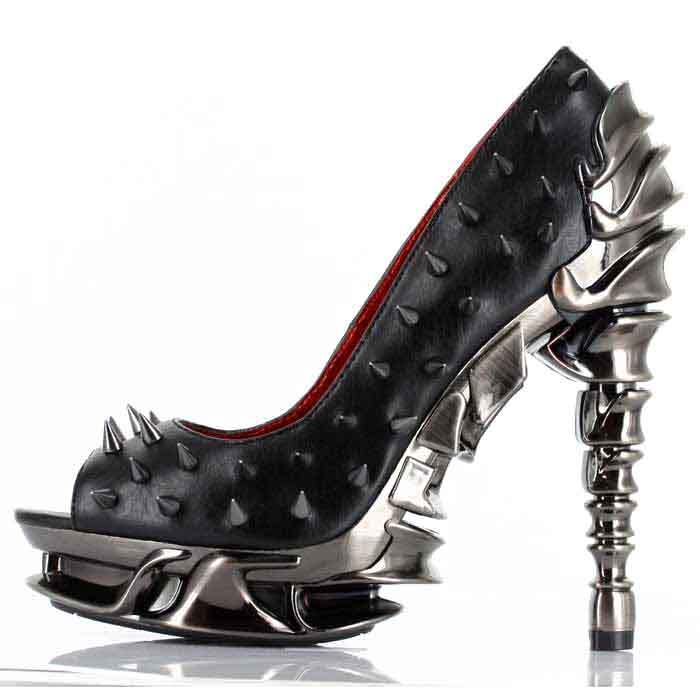 Hades TALON Black Spiked Stud 5" High Spinal Chrome Heels Peep Toe 6-11