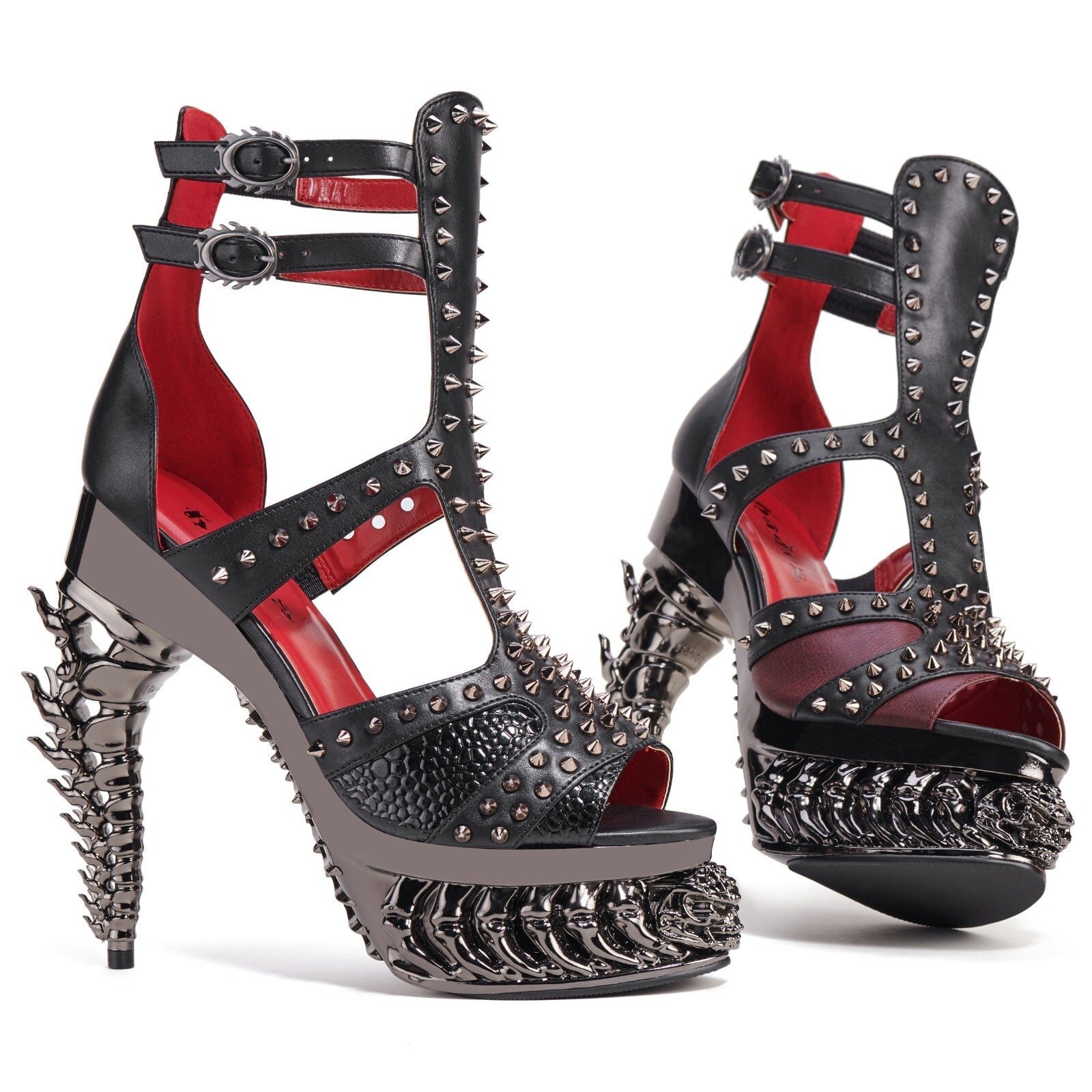 Hades ARKHANE Black Burgundy Stud Sandal 5" Metallic Skeleton Heel 6-12