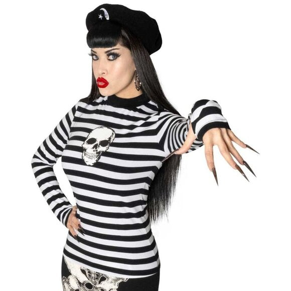 Kreepsville 666 Skull Black White Striped Long Sleeve Top