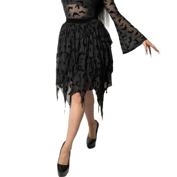 Kreepsville 666 Black Bat Repeat Mesh Tiered Midi Skirt