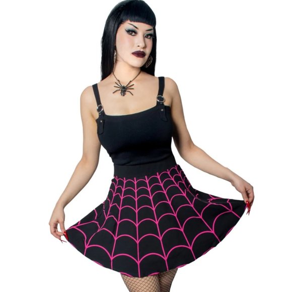 Kreepsville 666 Black Pink Spiderweb Skater Skirt