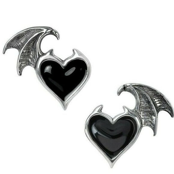 Alchemy Gothic Demon Winged Black Heart Earrings E444