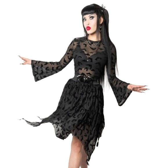 Kreepsville 666 Black Bat Repeat Mesh Tiered Midi Skirt
