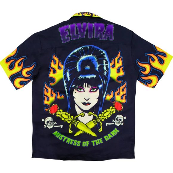 Kreepsville 666 Elvira Tattoo Flames Sublimation Button Up Shirt