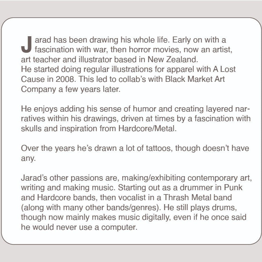 Text about an artist's background and interests on a gray background