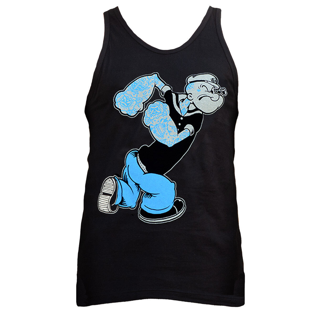Black tank top with a blue and white graphic design on a white background