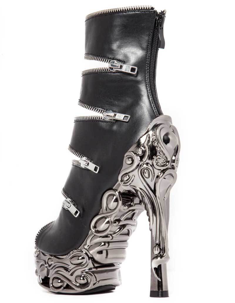 Hades LAWSON Black Vegan Zippers Ankle Boot 6" Chrome Heel Zip 6-11
