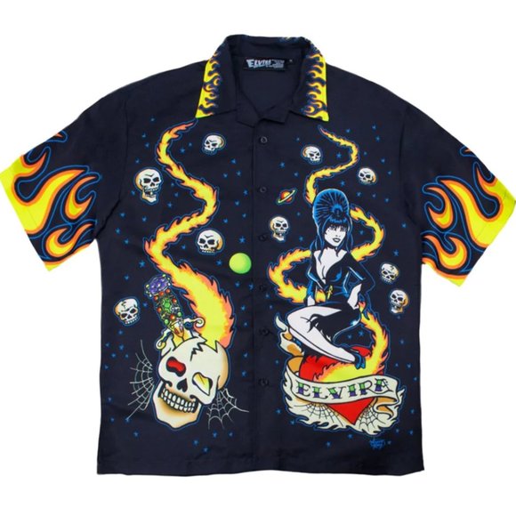 Kreepsville 666 Elvira Tattoo Flames Sublimation Button Up Shirt