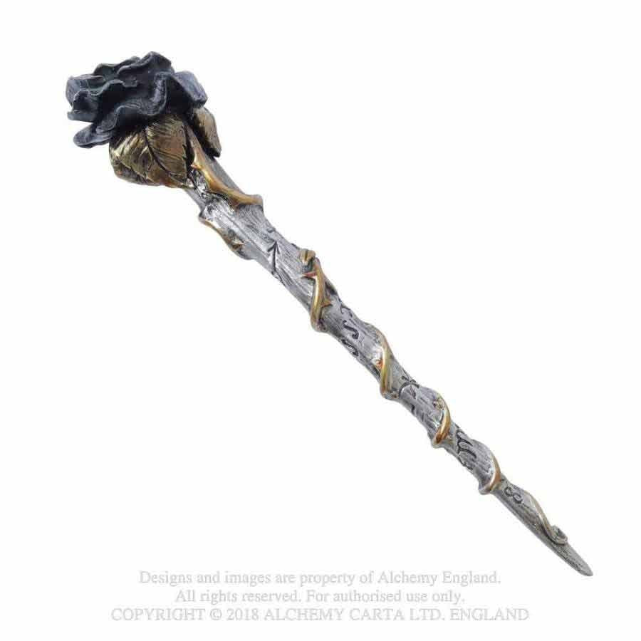 Alchemy Gothic Black Resin Rose Wand 11" Long Wiccan V69