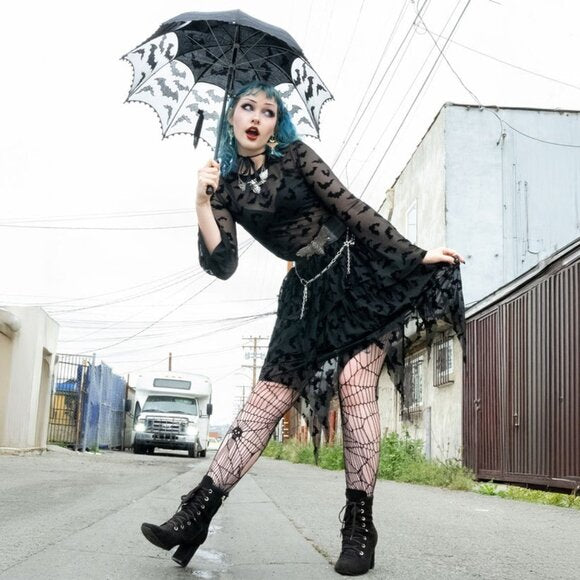 Kreepsville 666 Black Bat Repeat Mesh Tiered Midi Skirt