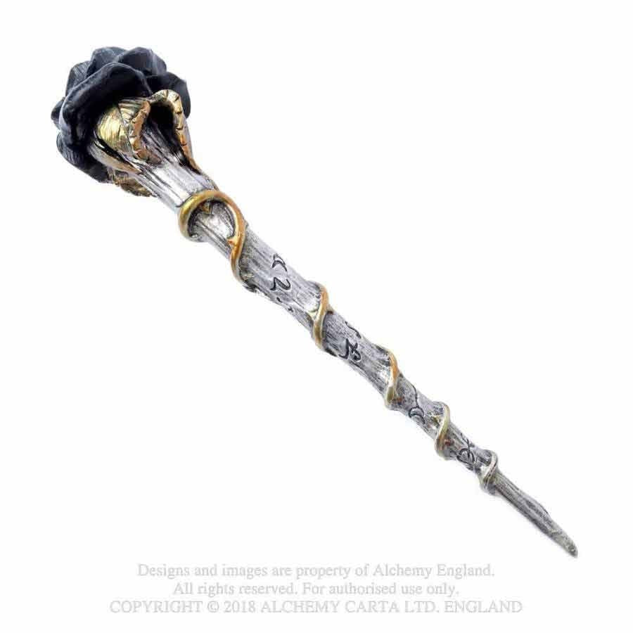 Alchemy Gothic Black Resin Rose Wand 11" Long Wiccan V69