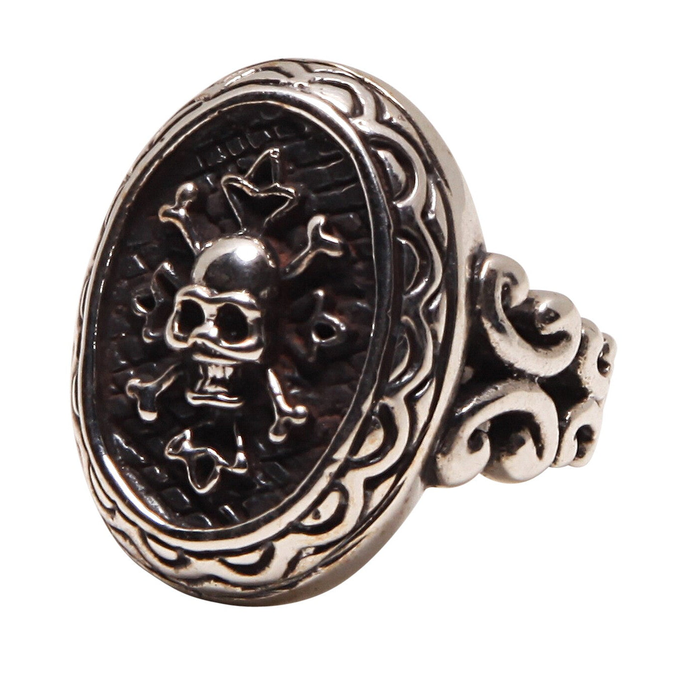 Silver ring with skull and crossbones design on a white background