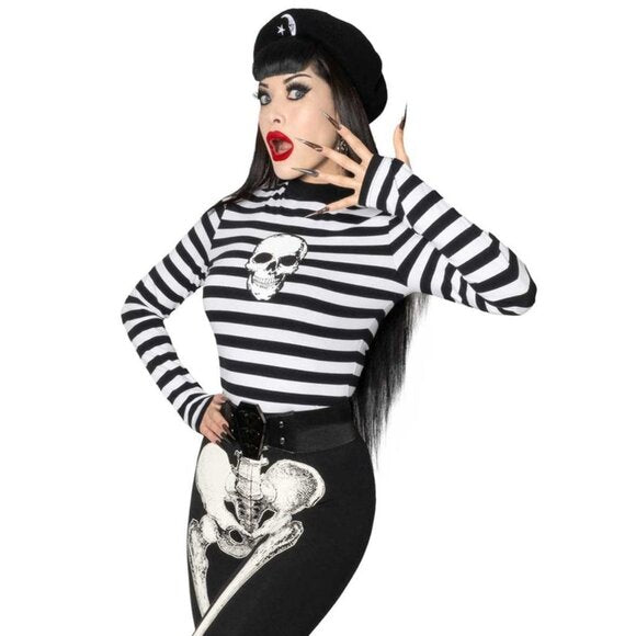 Kreepsville 666 Skull Black White Striped Long Sleeve Top