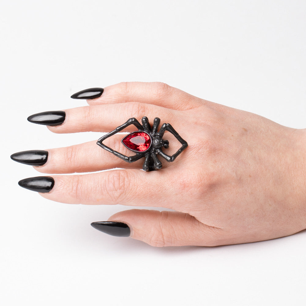 Alchemy Gothic Red Crystal Black Widow Ring R222