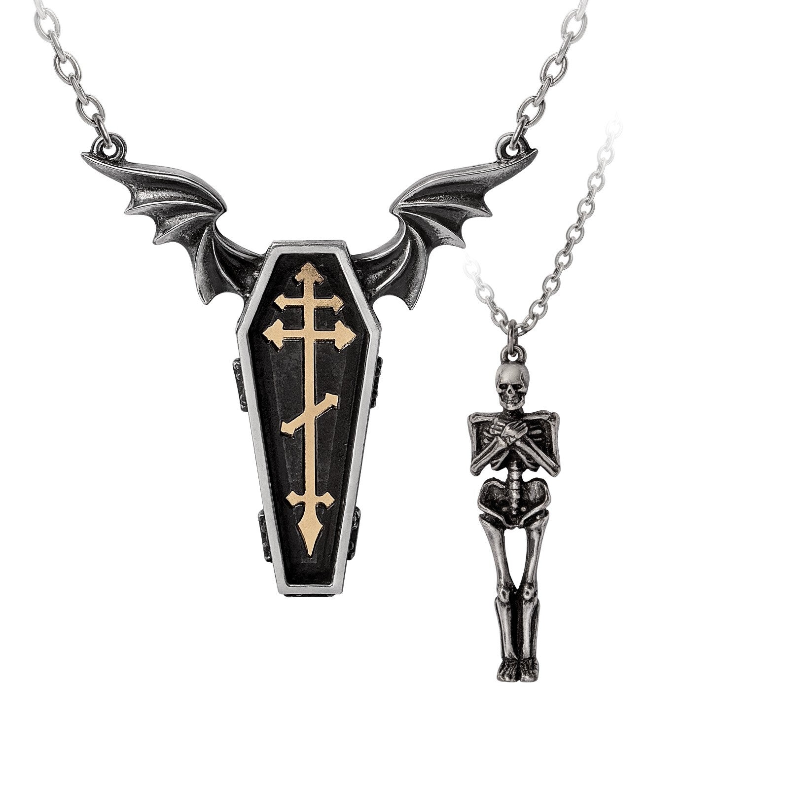 Necklace with bat-winged coffin pendant and skeleton keychain on a white background