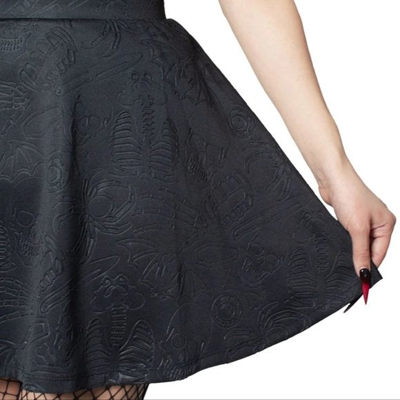 Kreepsville 666 Death Repeat Black Embossed Skater Skirt