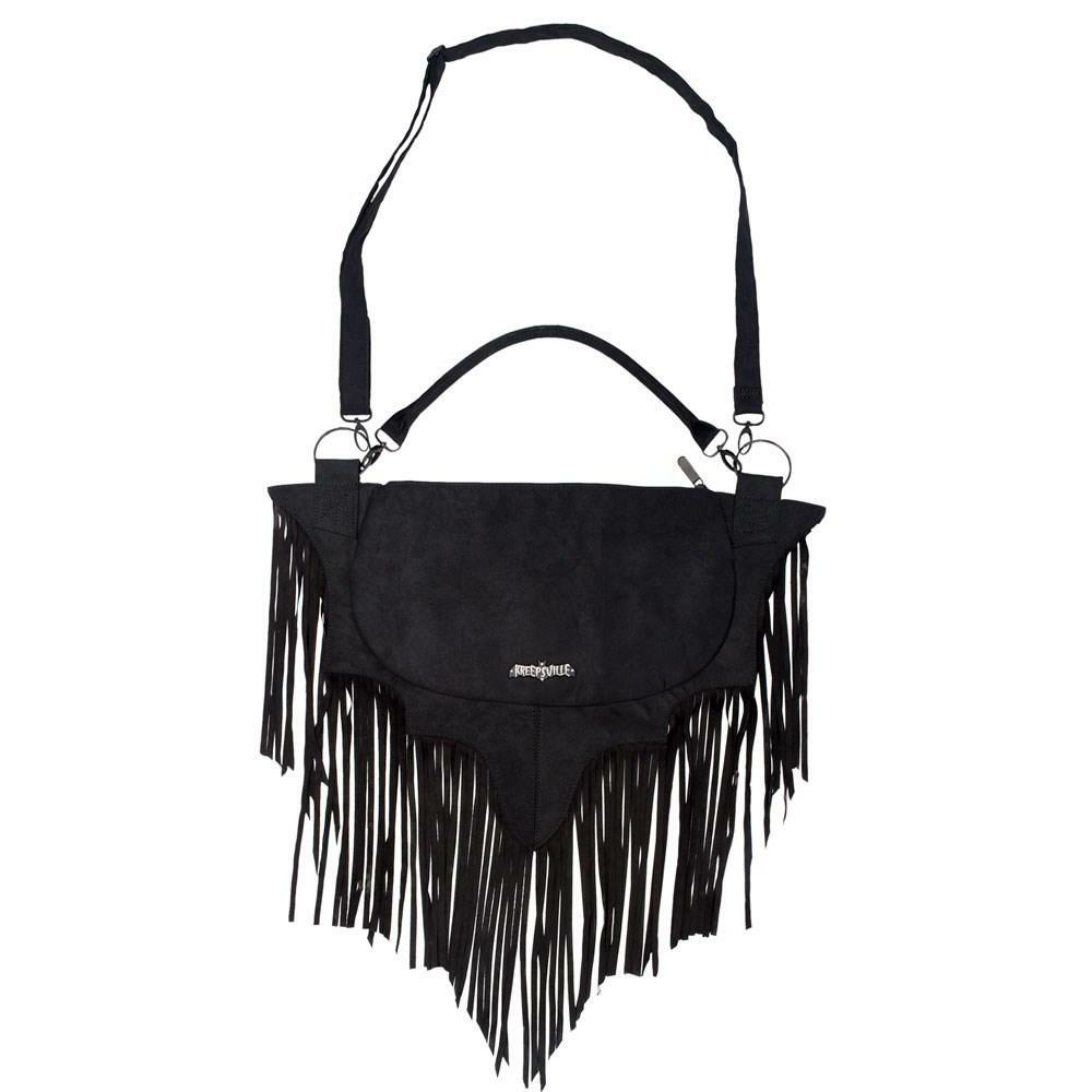 Kreepsville 666 Bat Wing Fringe Large Shoulder Bag Purse Black Vegan Suede