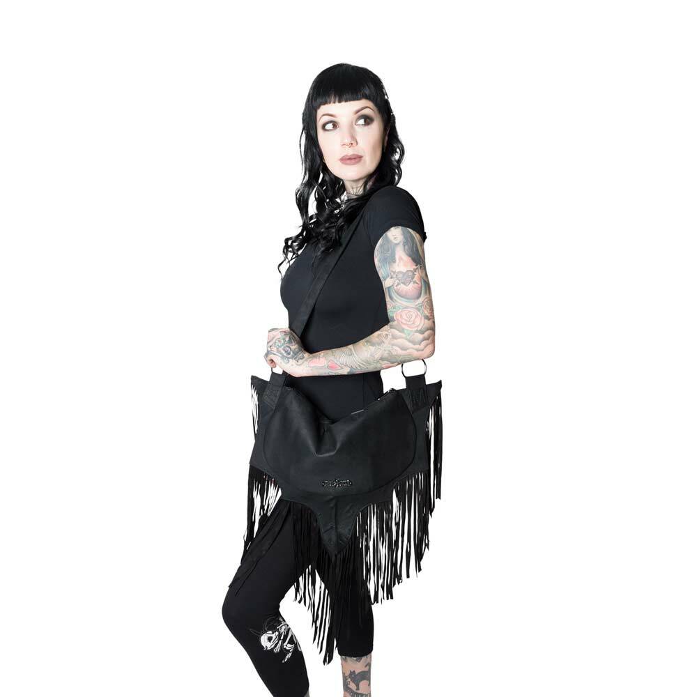 Kreepsville 666 Bat Wing Fringe Large Shoulder Bag Purse Black Vegan Suede