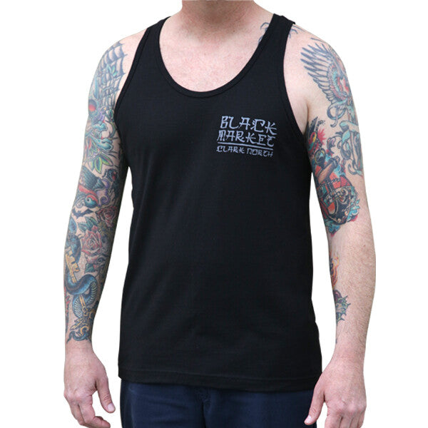 Person wearing a black tank top with 'Black Market' logo on a white background