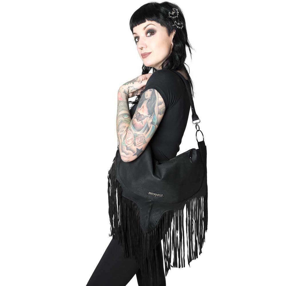 Kreepsville 666 Bat Wing Fringe Large Shoulder Bag Purse Black Vegan Suede
