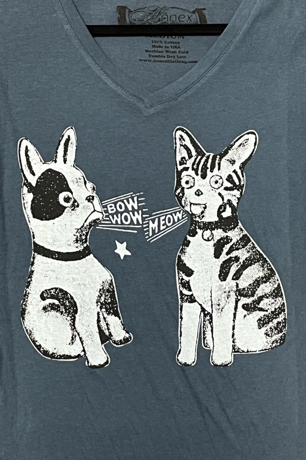 Lowbrow Art Bow Wow Meow Dog Cat Blue Tee