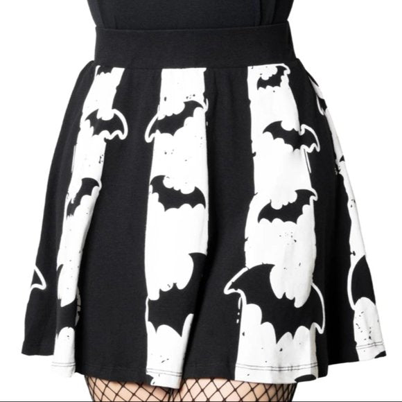 Kreepsville 666 Bat Black & White Striped Skater Mini Skirt