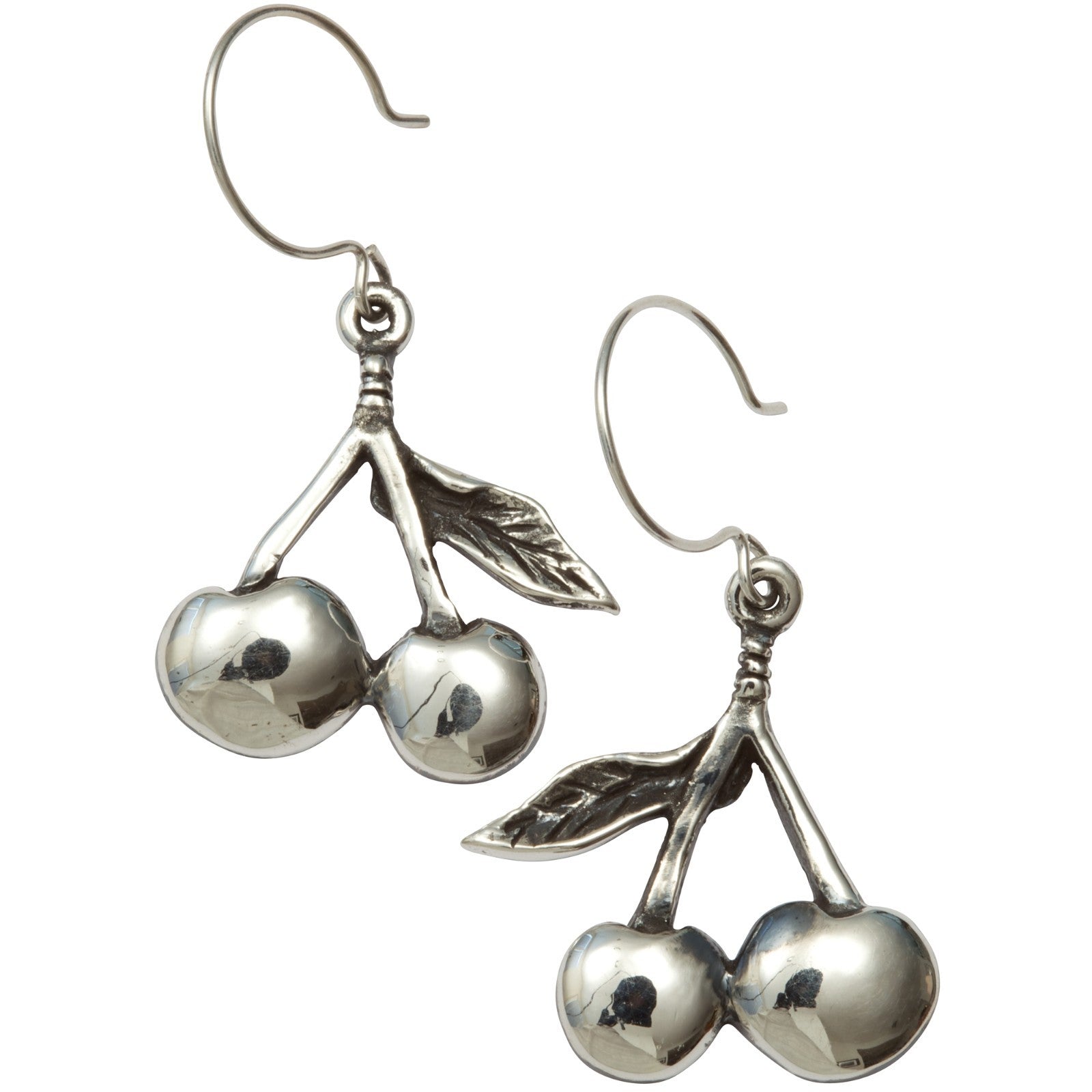 Silver cherry-shaped earrings on a white background