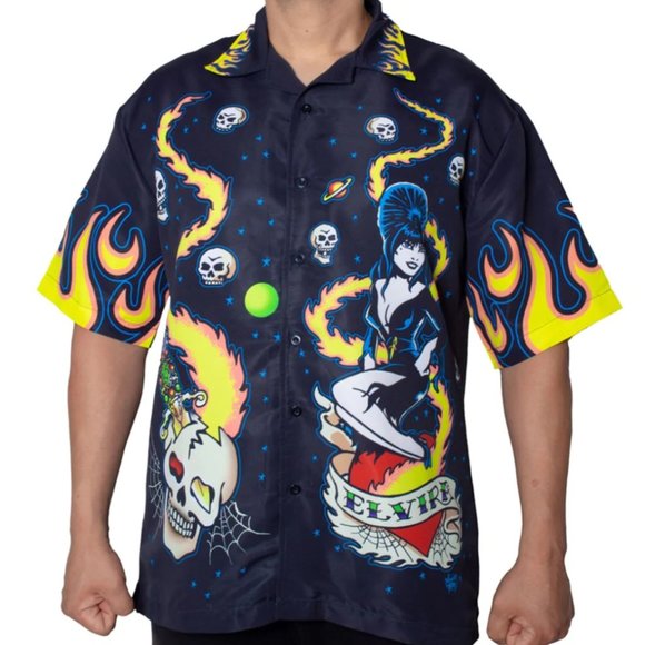 Kreepsville 666 Elvira Tattoo Flames Sublimation Button Up Shirt