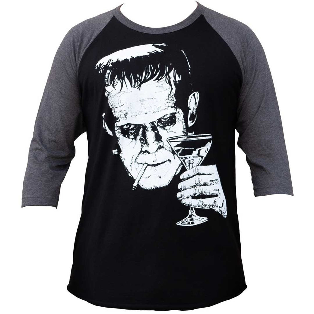 Black and gray baseball shirt with a graphic of a character holding a martini glass on a white background